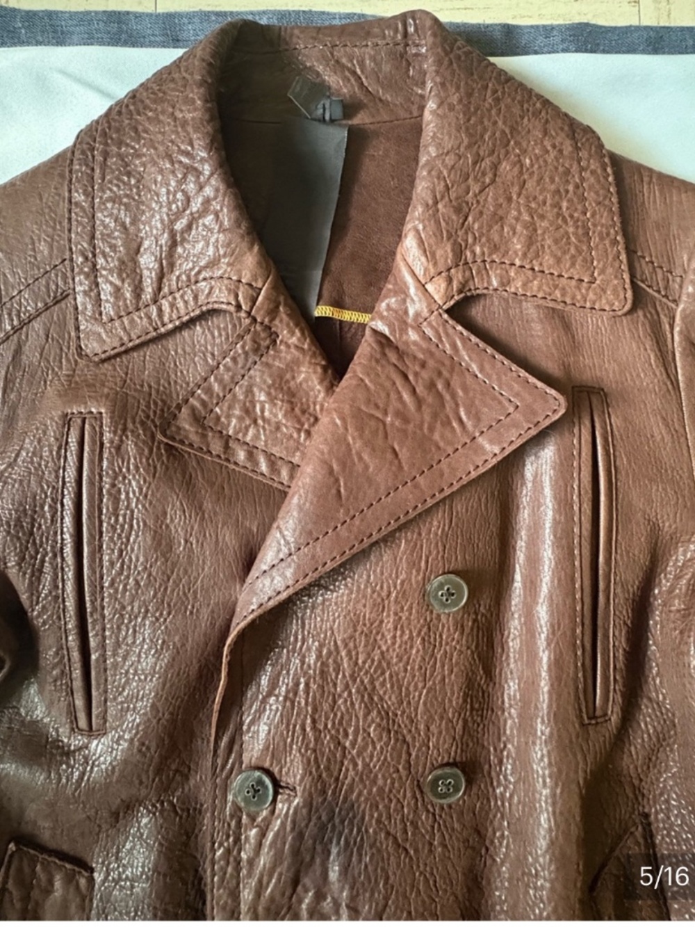 OFF-PR STYLE MEN'S BROWN LEATHER DOUBLE-BREASTED COAT SIZE 48 - Picture 6 of 16